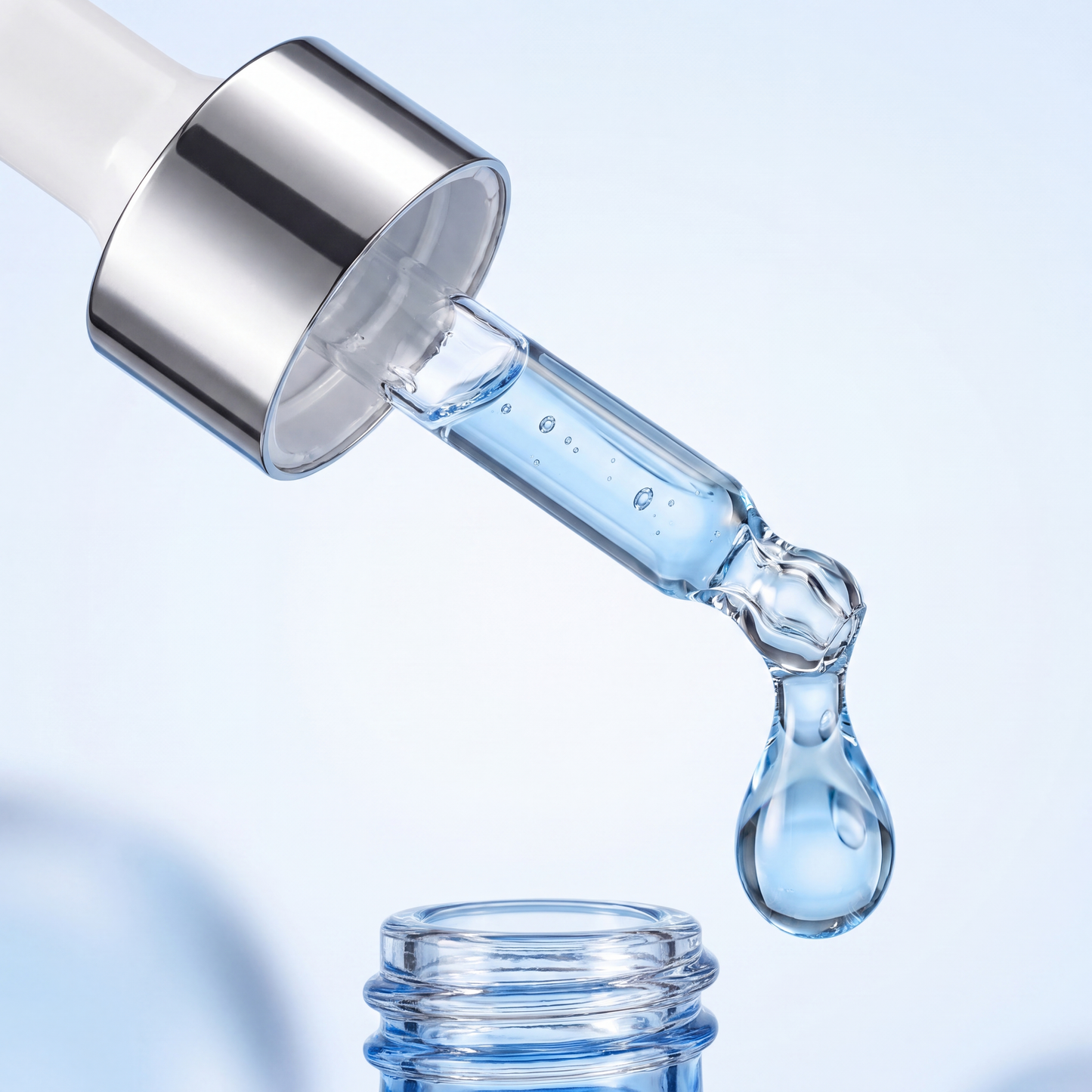 Macro close-up of copper peptide serum dropper and blue drop