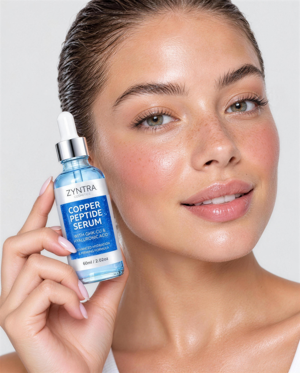 Woman holding a bottle of Zyntra GHK-Cu Copper Peptide Serum