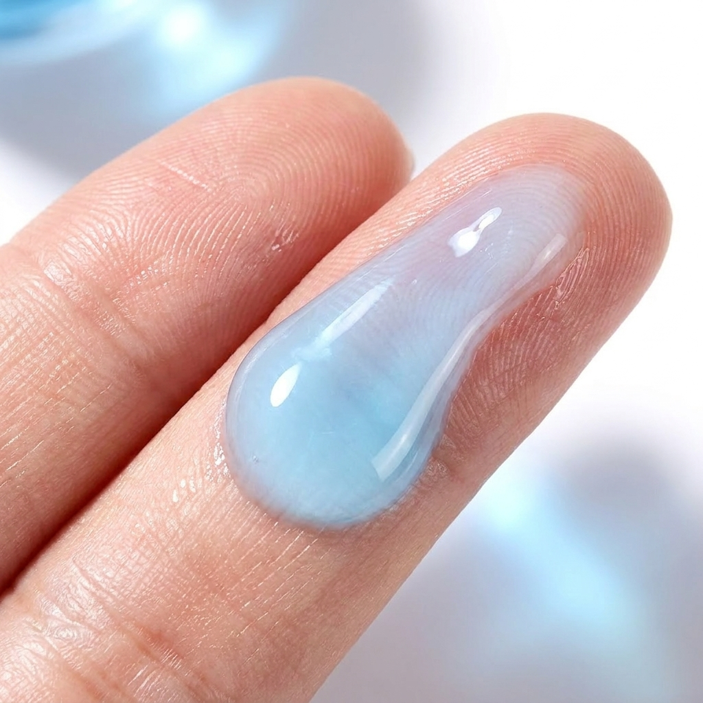 Silky blue copper peptide serum texture swatch on fingertip
