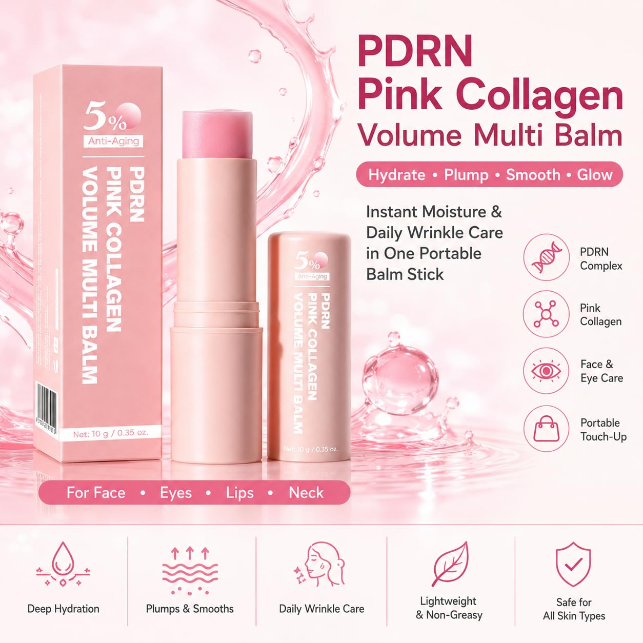 PDRN Pink Collagen Volume Multi Balm key benefits - hydrate, plump, smooth, glow