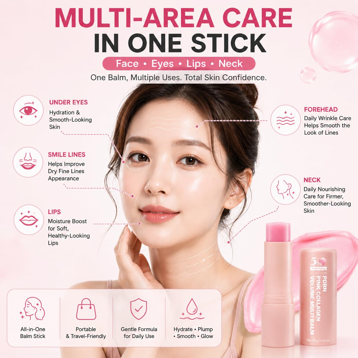 Multi-area care in one stick - face, eyes, lips, neck