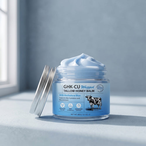 GHK-Cu Whipped Tallow Honey Balm jar, open
