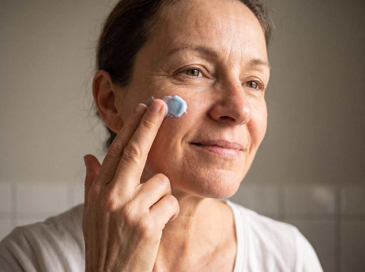 Pressing the balm into the cheek