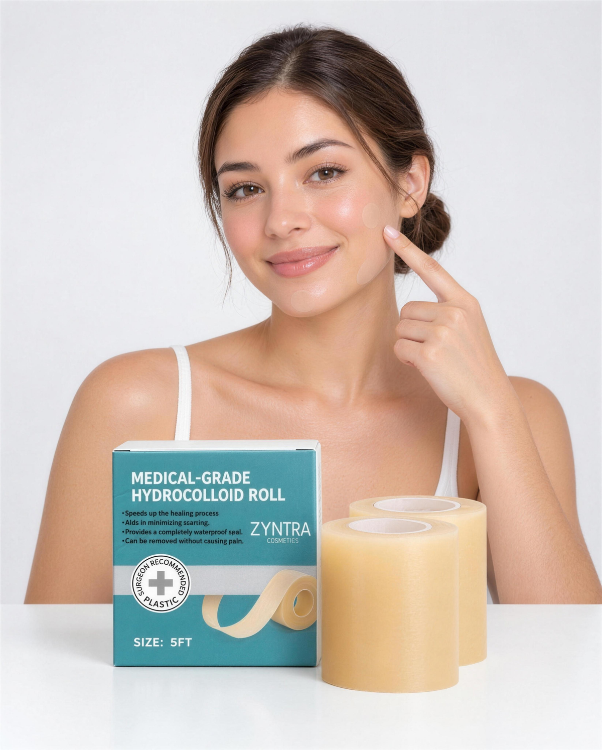Model wearing a cut piece of the roll