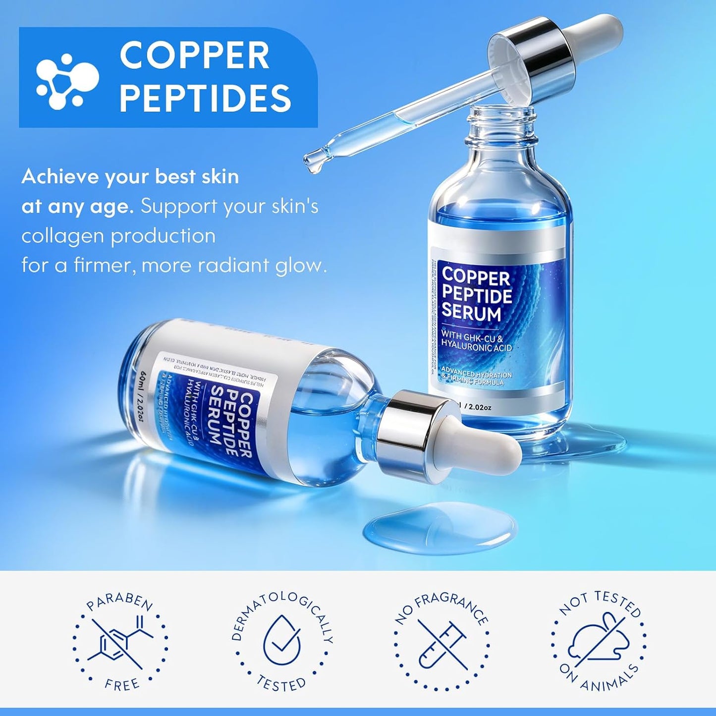 Paraben-free, dermatologically tested, fragrance-free, cruelty-free copper peptide serum