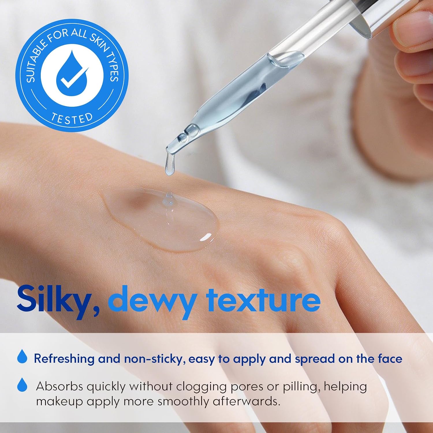 Silky, dewy, non-sticky serum texture from the dropper